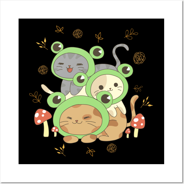 Cottagecore Aesthetic Kawaii Cat Pile In Frog Hat Wall Art by Alex21